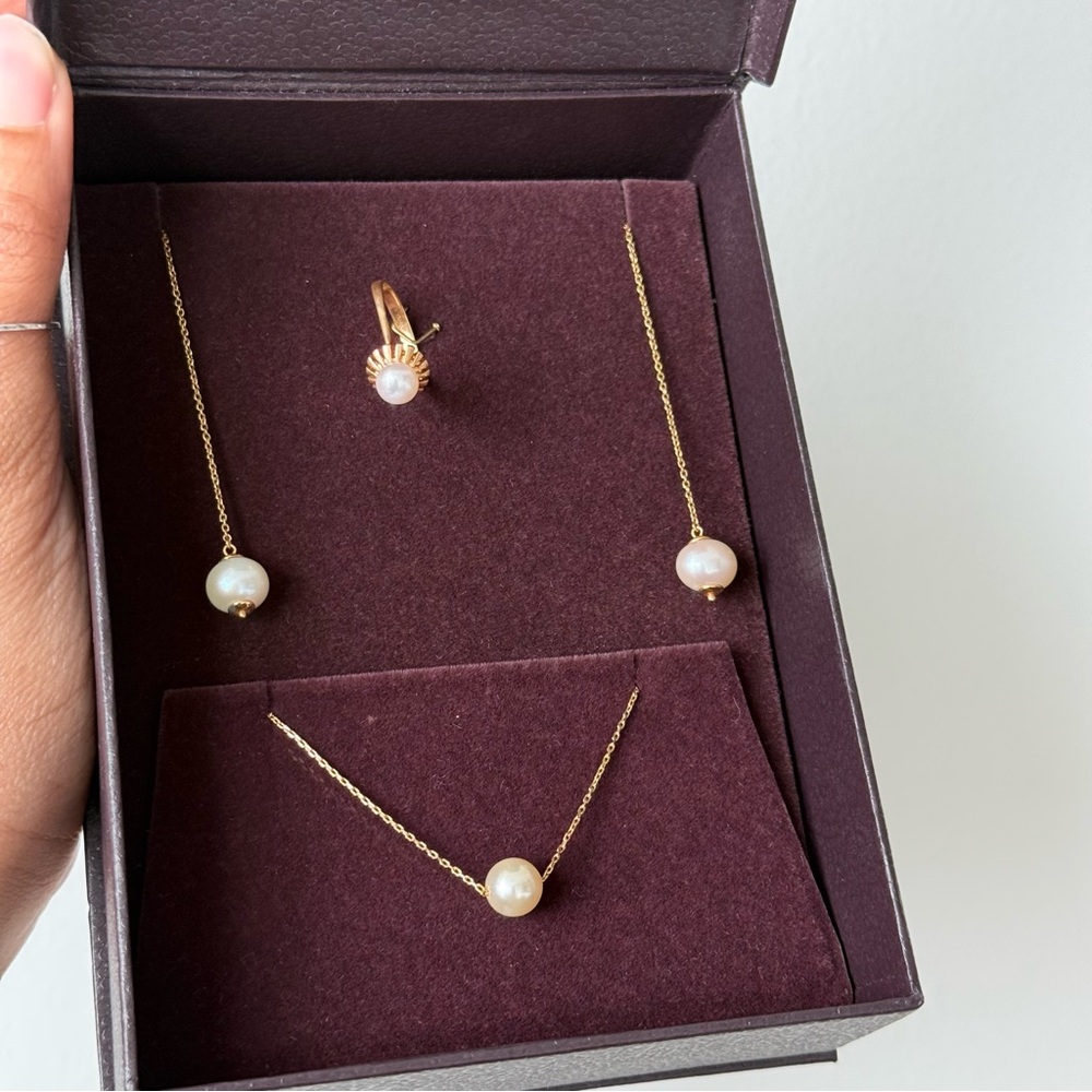 18K Gold Pearl Jewelry Set with Threader Earrings, Bracelet and 14K ring